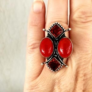 New Coral & Garnet 925 Silver Statement Ring.